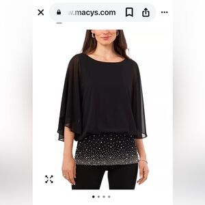 MSK Black Blouse with Sheer Sleeves and Studded Hem